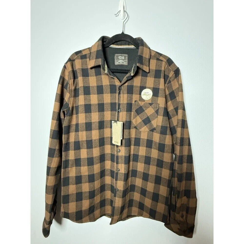 Nomad Cozy Thermal Lined Flannel Mens Medium Brown Black Shirt Shacket Button Up